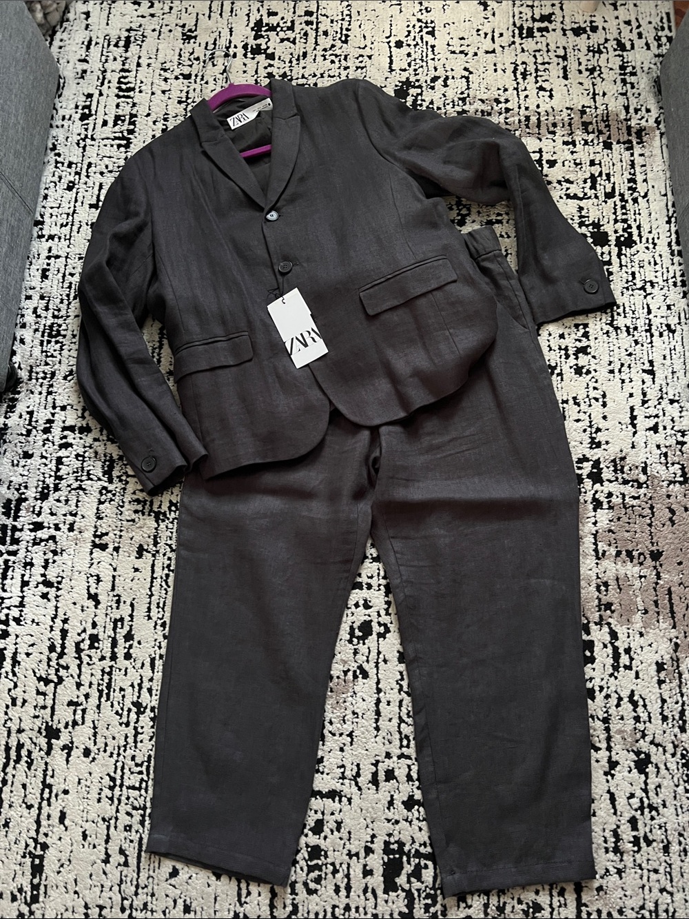 Zara 100% linen suit with Elastic-Waist Chinos - Charcoal Black